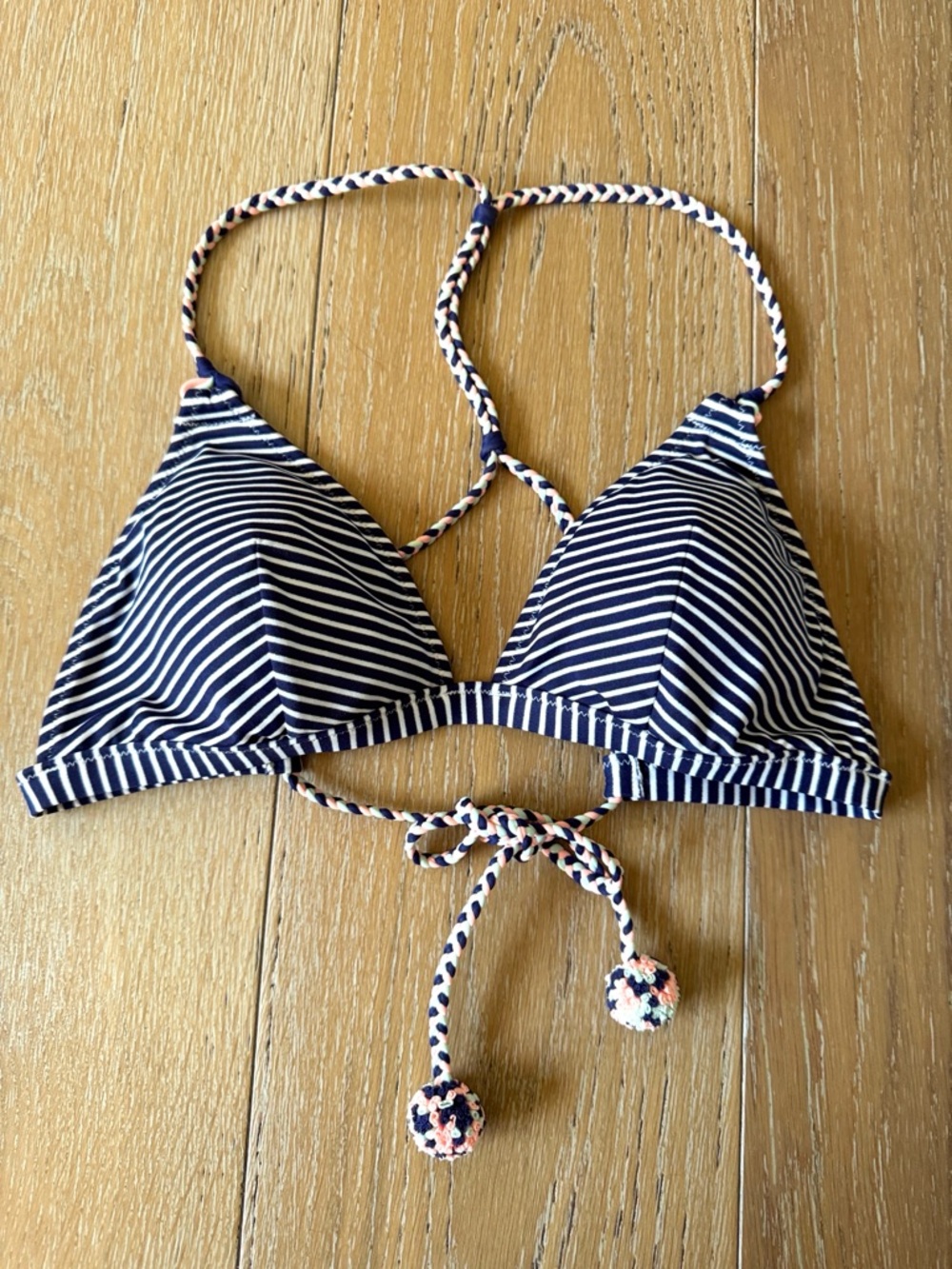 Victoria’s Secret Striped Triangle Bikini Top M Navy White Pom Tie